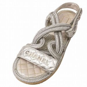 CHANEL Sandals Thick Sole Logo Flat Matelasse Lambskin Metallic Silver
